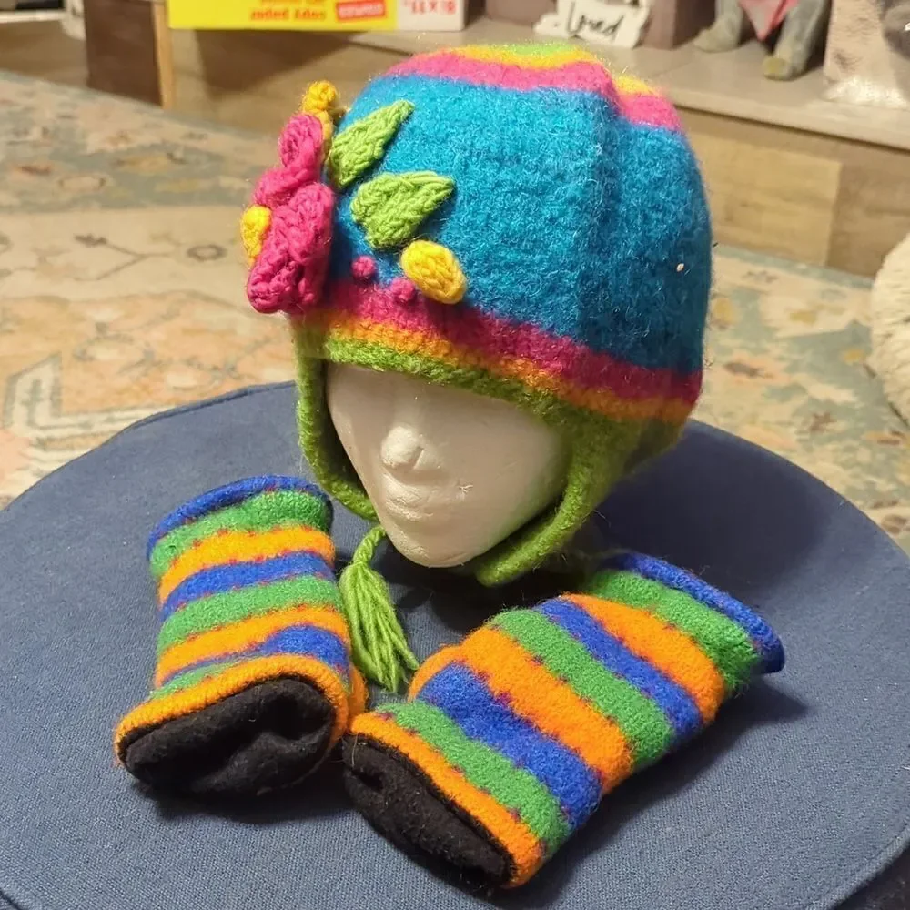 PERUVIAN CHULLO Winter Knit COLORS STRIPED HAT W/EAR FLAPS/hand warmersFOR Child